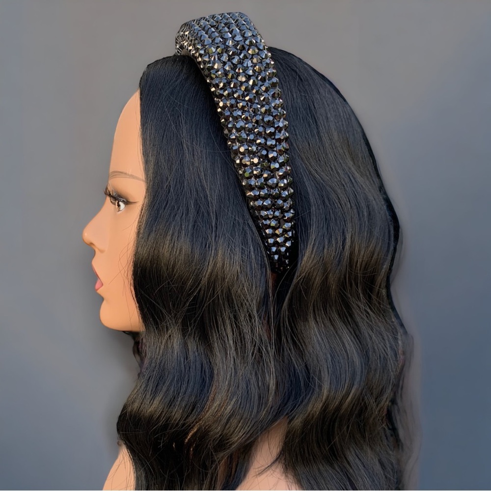 Black Handmade Rhinestone Festival Sparkle Coachella Bling Statement Headband - Picture 3 of 4